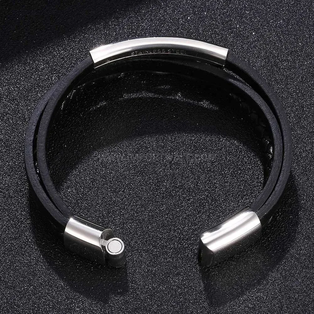 Multi-Strand Black Leather Cuff Bracelet with Plated Stainless Clasp