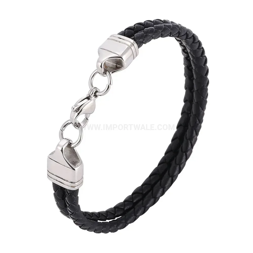 Classic Black Leather Cord Stainless Steel Bracelet