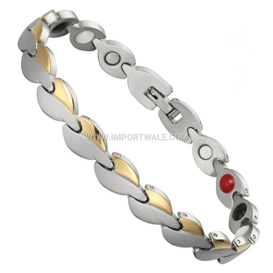 Two-Tone Stainless Steel Leaf Motif Magnetic Energy Bracelet