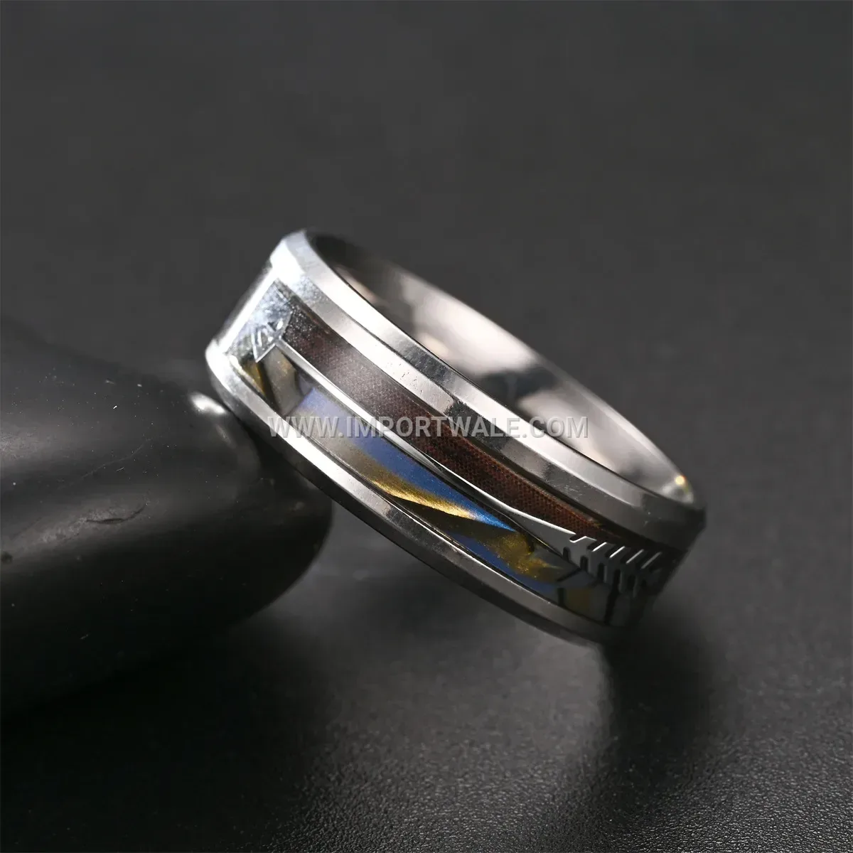 Stainless Steel Arrow Pattern Ring with Shell Inlay Detail