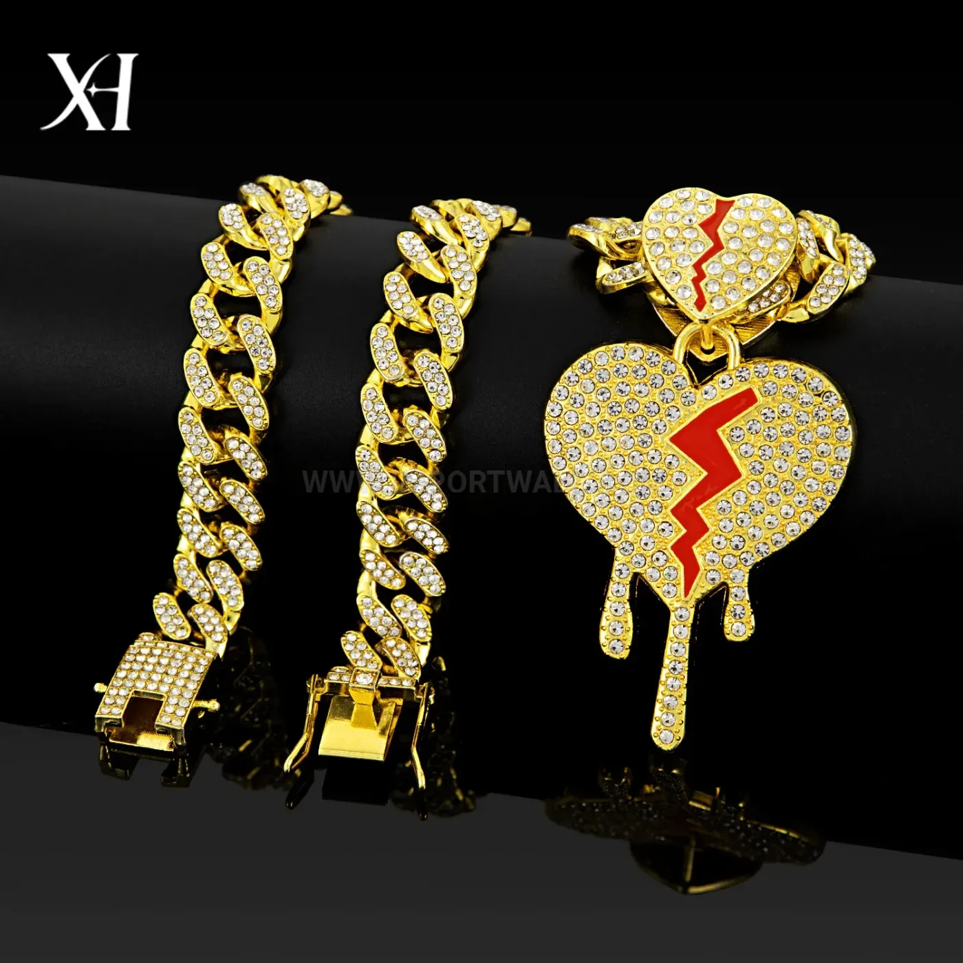 Bold Broken Heart Zinc Alloy Pendant Necklace with Cuban Chain