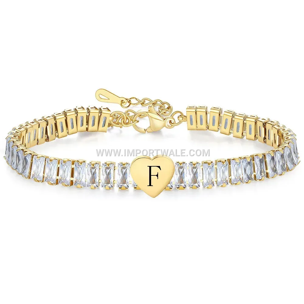 Gold Plated Stainless Steel Cubic Zirconia Heart Alphabet Bracelet
