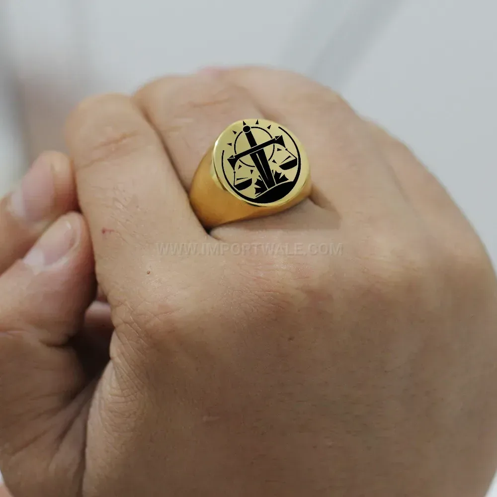 Bold Engraved Stainless Steel Sun and Scales Signet Ring