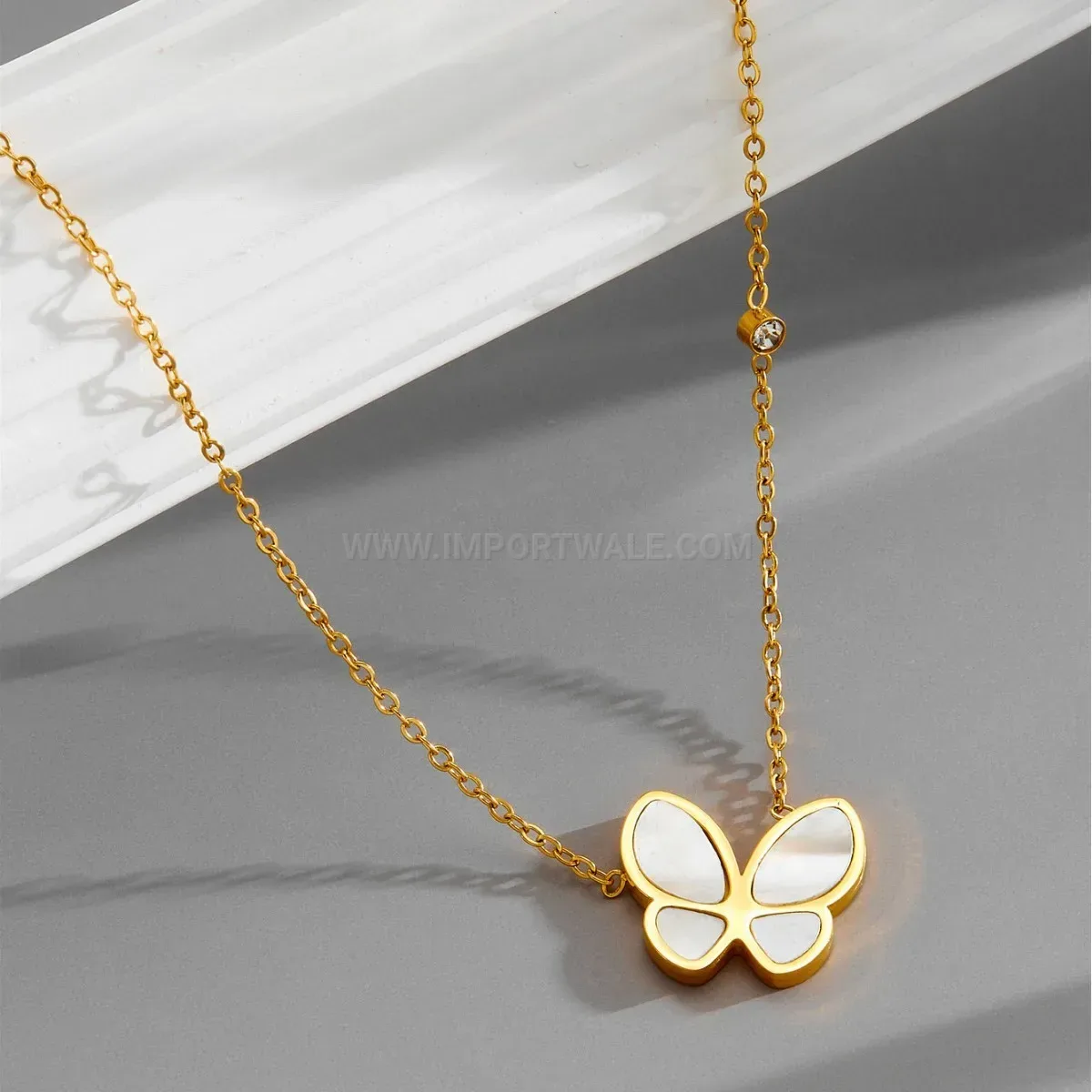 Bold Gold Plated Stainless Steel Butterfly Charm Crystal Pendant Necklace