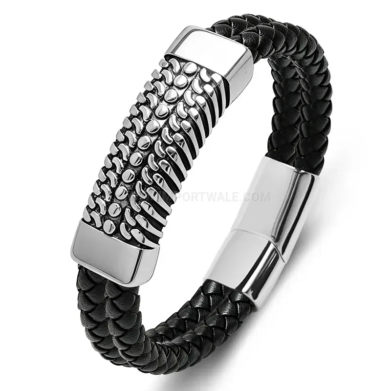 Stylish Sleek Dual-Tone Leather and Stainless Steel Minimalist Men's Wristband