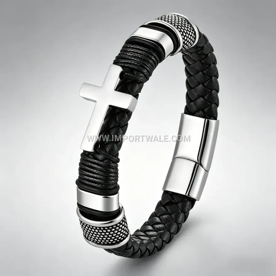 Men's Braided Leather Cross Element Magnetic Clasp Bracelet
