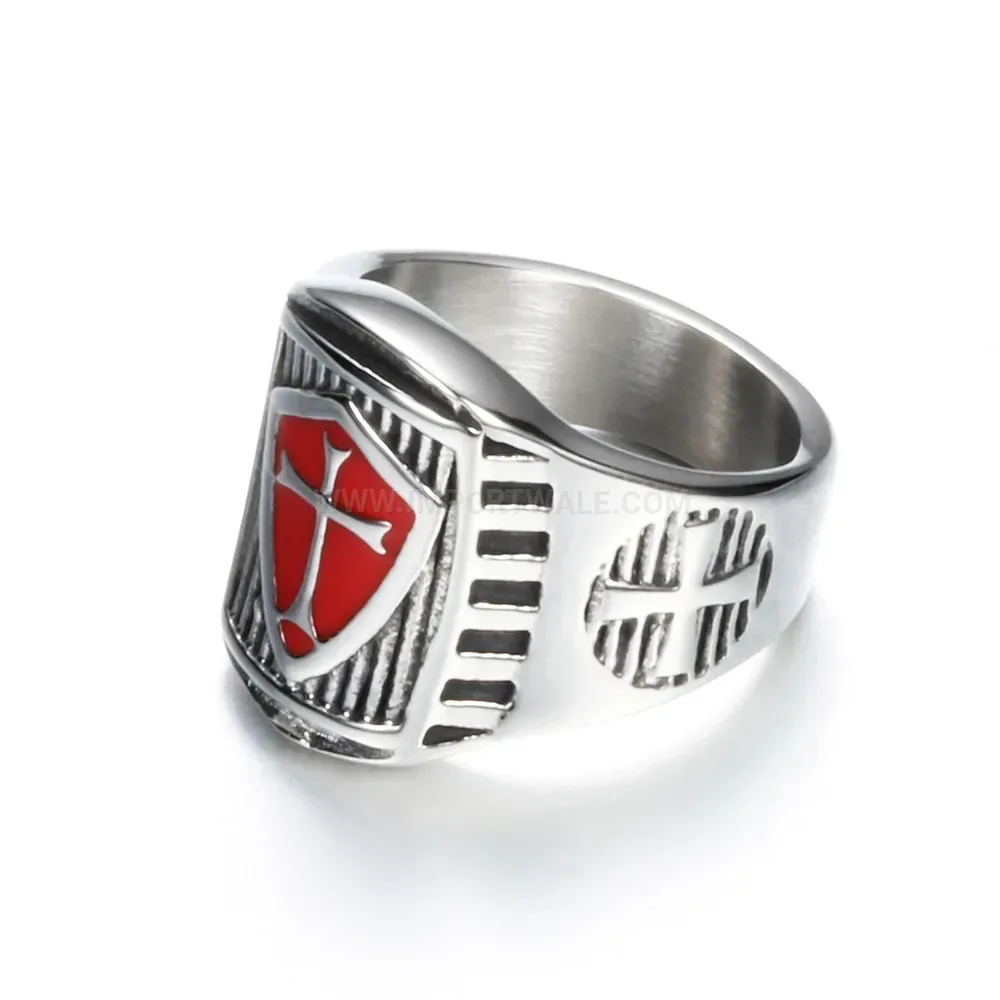 Modern Vintage Knights Templar Enamel Cross Stainless Steel Ring