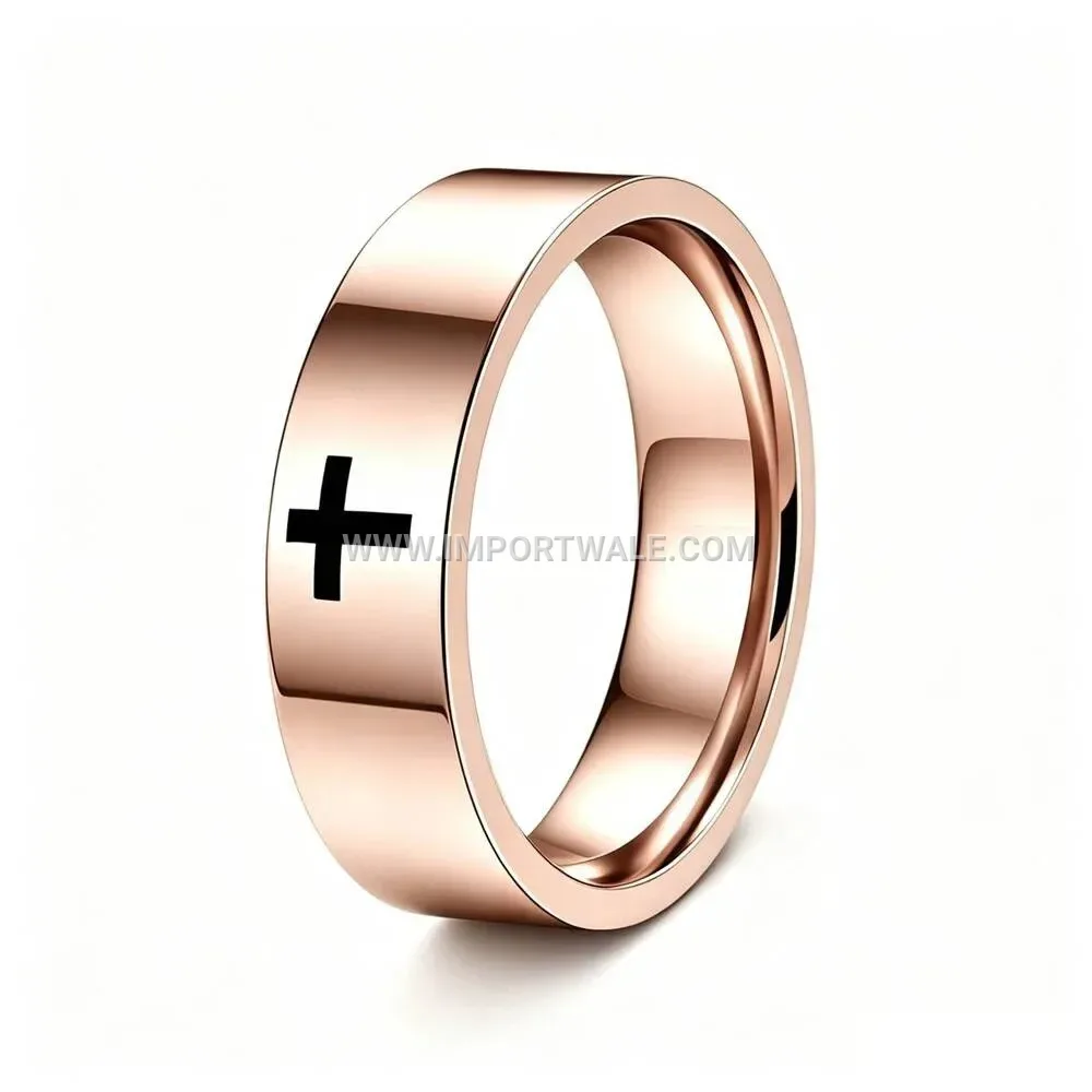 Laser-Engraved Flat Cross Band Ring in Stainless Steel
