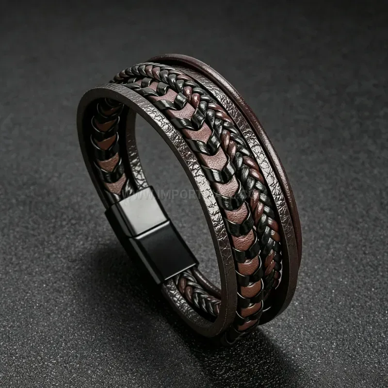Modern Multi Strand Braided Leather Wristband with Alloy Magnetic Clasp
