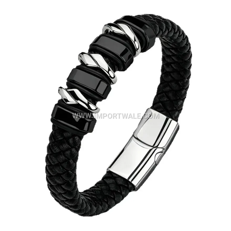 Woven Leather Bead-Accented Magnetic Cuff Bracelet for Men