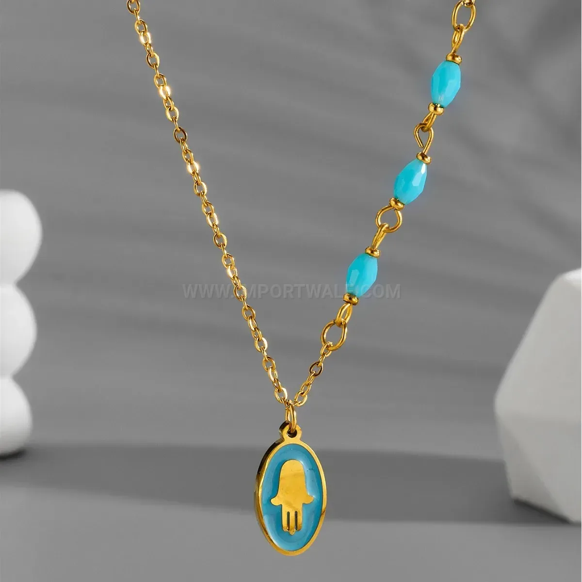 Bold Gold Titanium Steel Floral Drip Glaze Palm Pendant Necklace