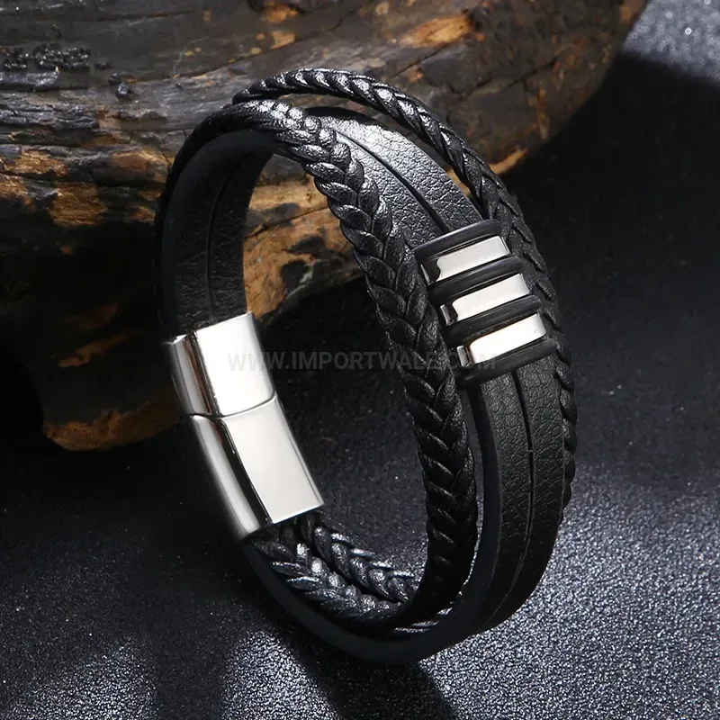 Black Leather Bracelet with Magnetic Stainless Steel Clasp Closure