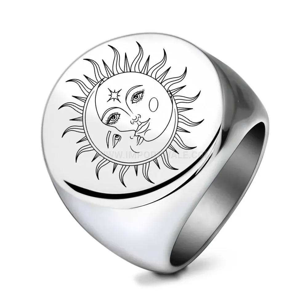Fashion Engraved Sun Moon Stainless Steel Signet Ring