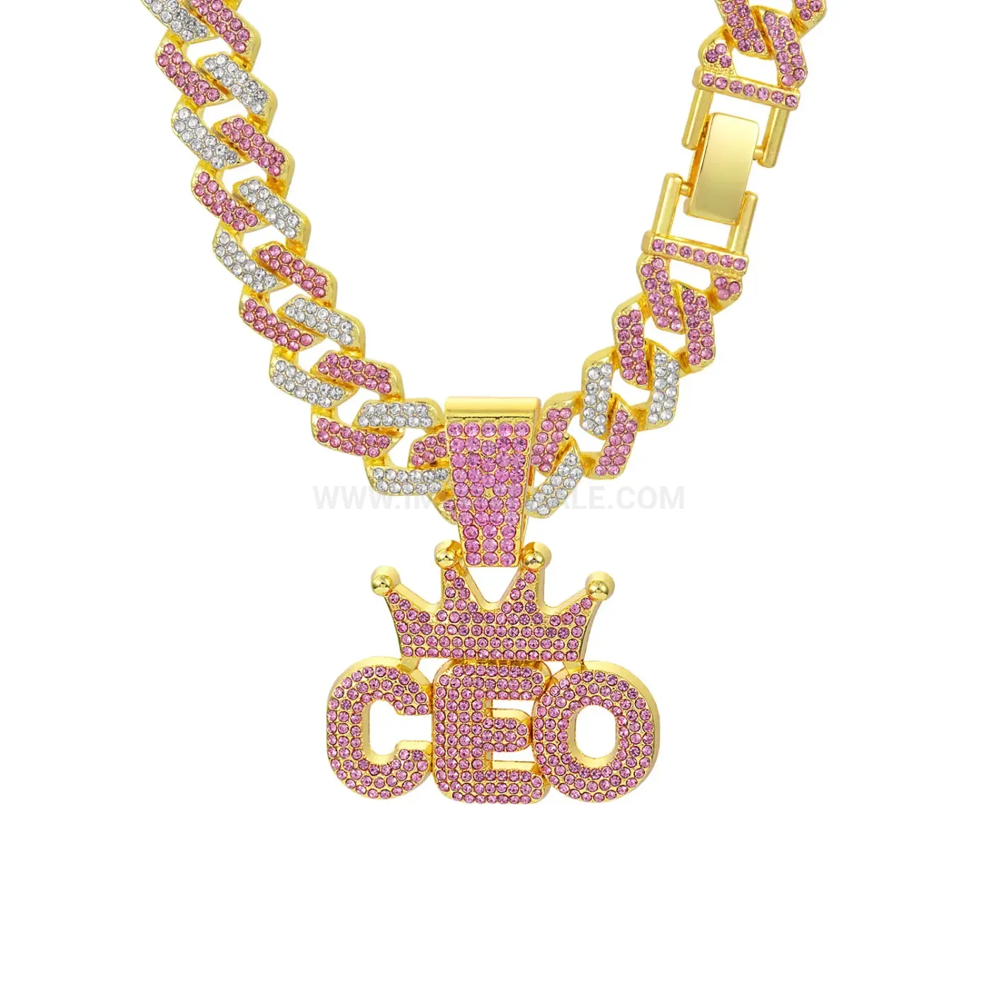 Designer Rhinestone Crown CEO Letter Pendant Two-Tone Necklace