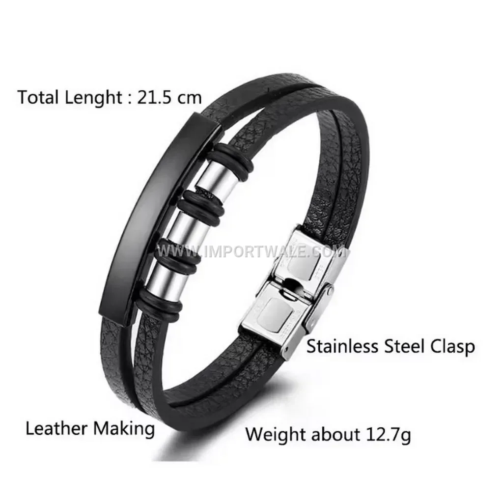 Double-Layer Beaded Woven Leather Clasp Bracelet for Men