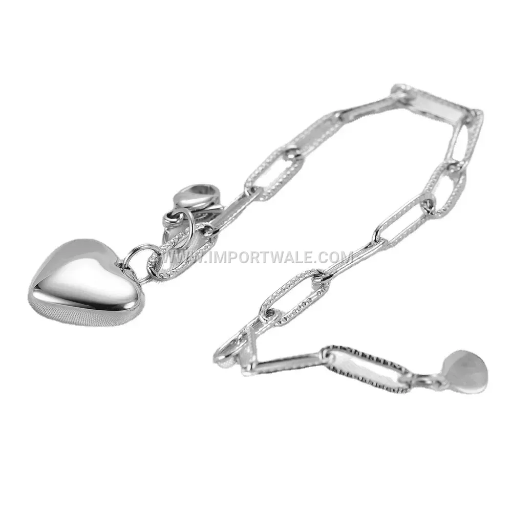 Stainless Steel Paperclip Link Bracelet With Heart Disc Charm