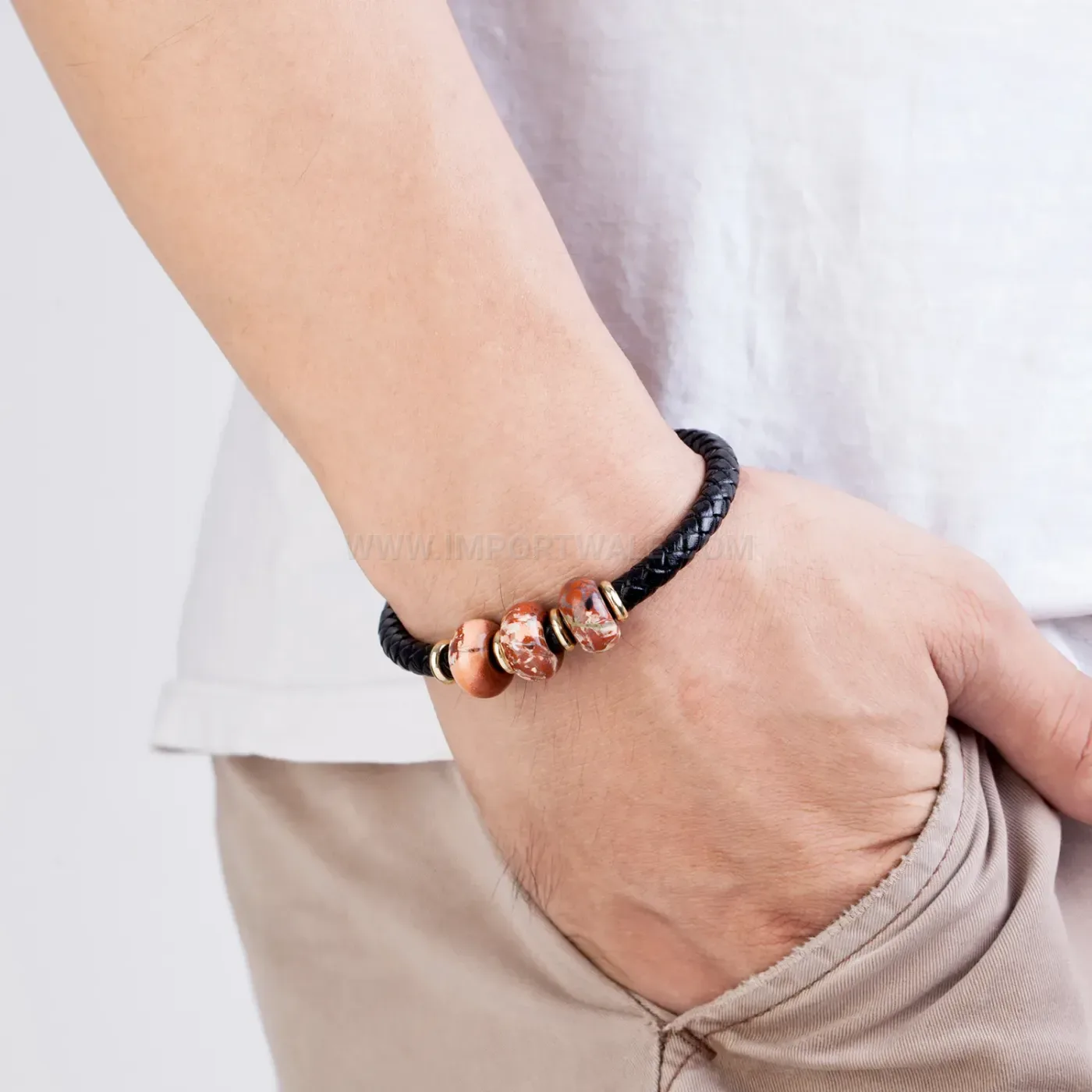Braided Leather and Stone Cuff Bracelet with Stainless Steel Clasp