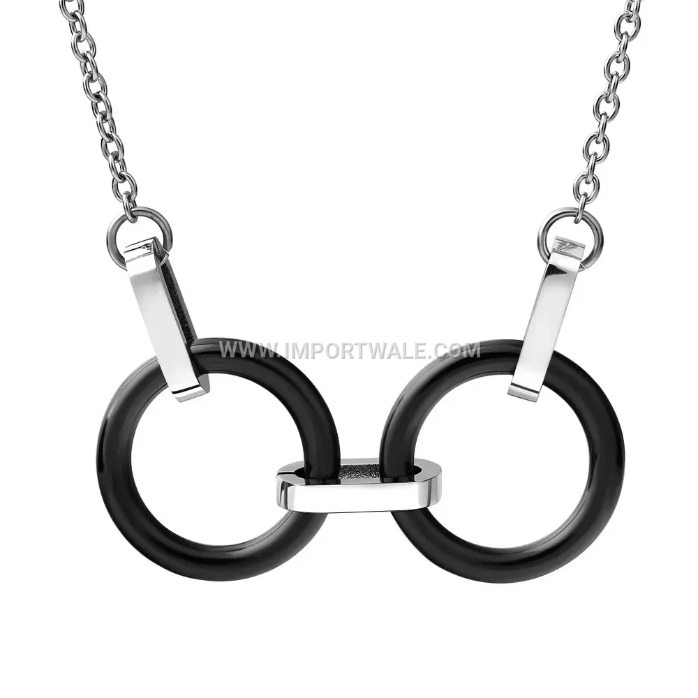 Dual Ring Ceramic and Stainless Steel Handcuff Charm Pendant Necklace