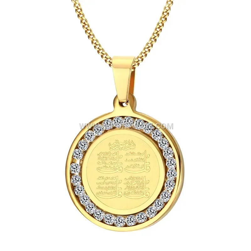 Arabic Calligraphy Stainless Steel Zircon Islamic Religious Pendant Necklace