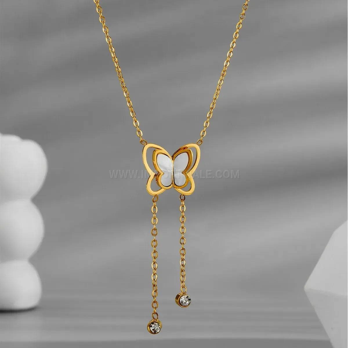 Gold Titanium Steel Hollow Butterfly Tassel Mother of Pearl Pendant Necklace