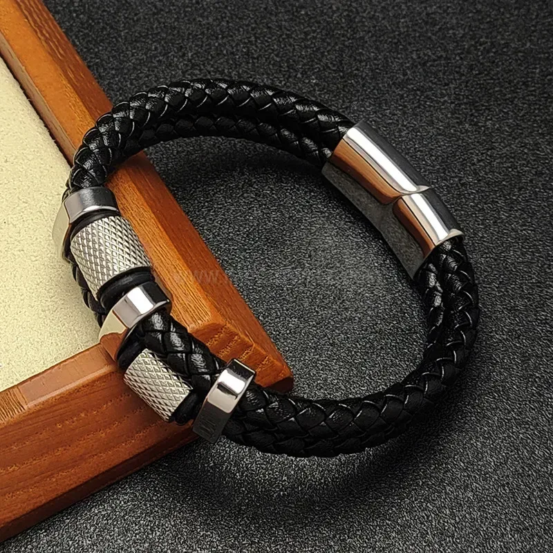 Classic Woven Leather and Stainless Steel Beaded Statement Men Bracelet