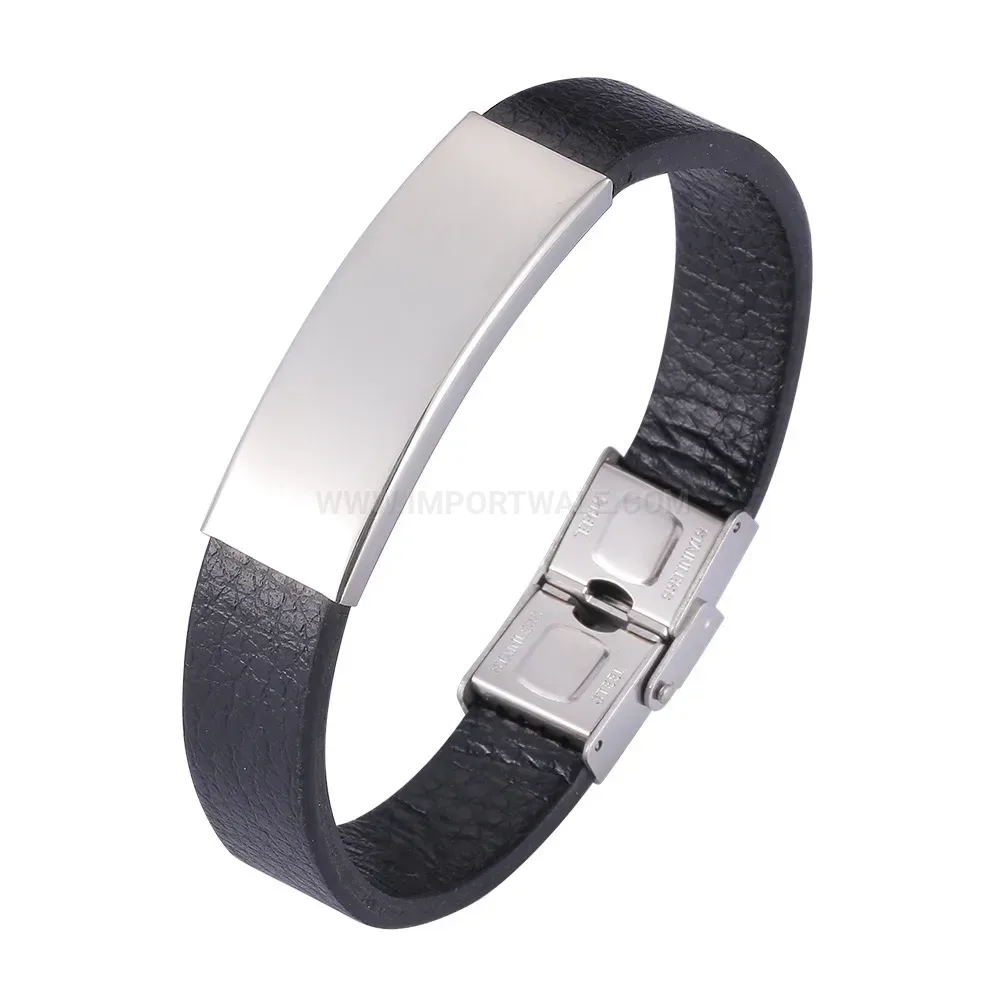 Customizable Black Leather Stainless Steel Geometric Bracelet
