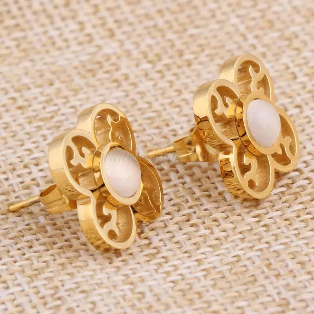 Elegant Gold Plated Stainless Steel Cat Eye Opal Floral Earrings