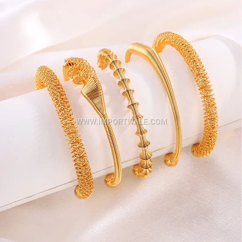 Vintage Style Gold Titanium Steel Threaded Geometric Bangle