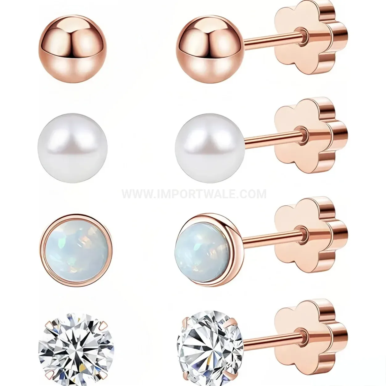 Stylish Four Leaf Clover Pearl Zirconia Screw Back Stainless Steel Piercing Set