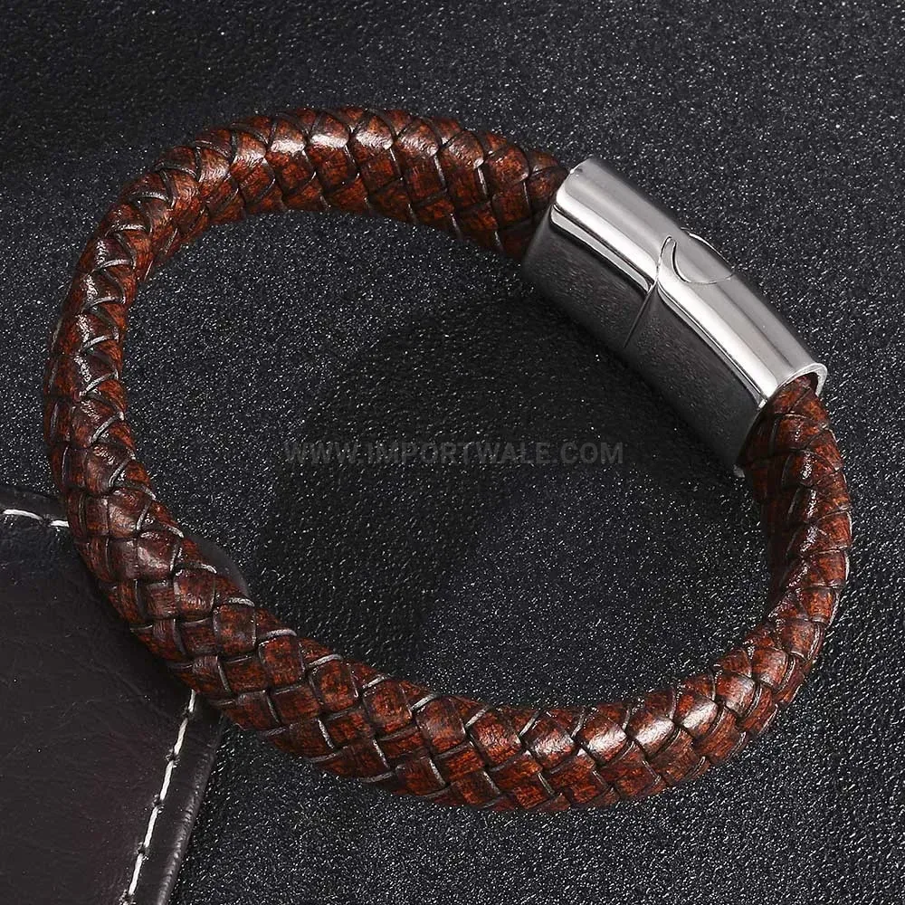 Braided Leather Cuffed Wristband with Stainless Steel Clasp