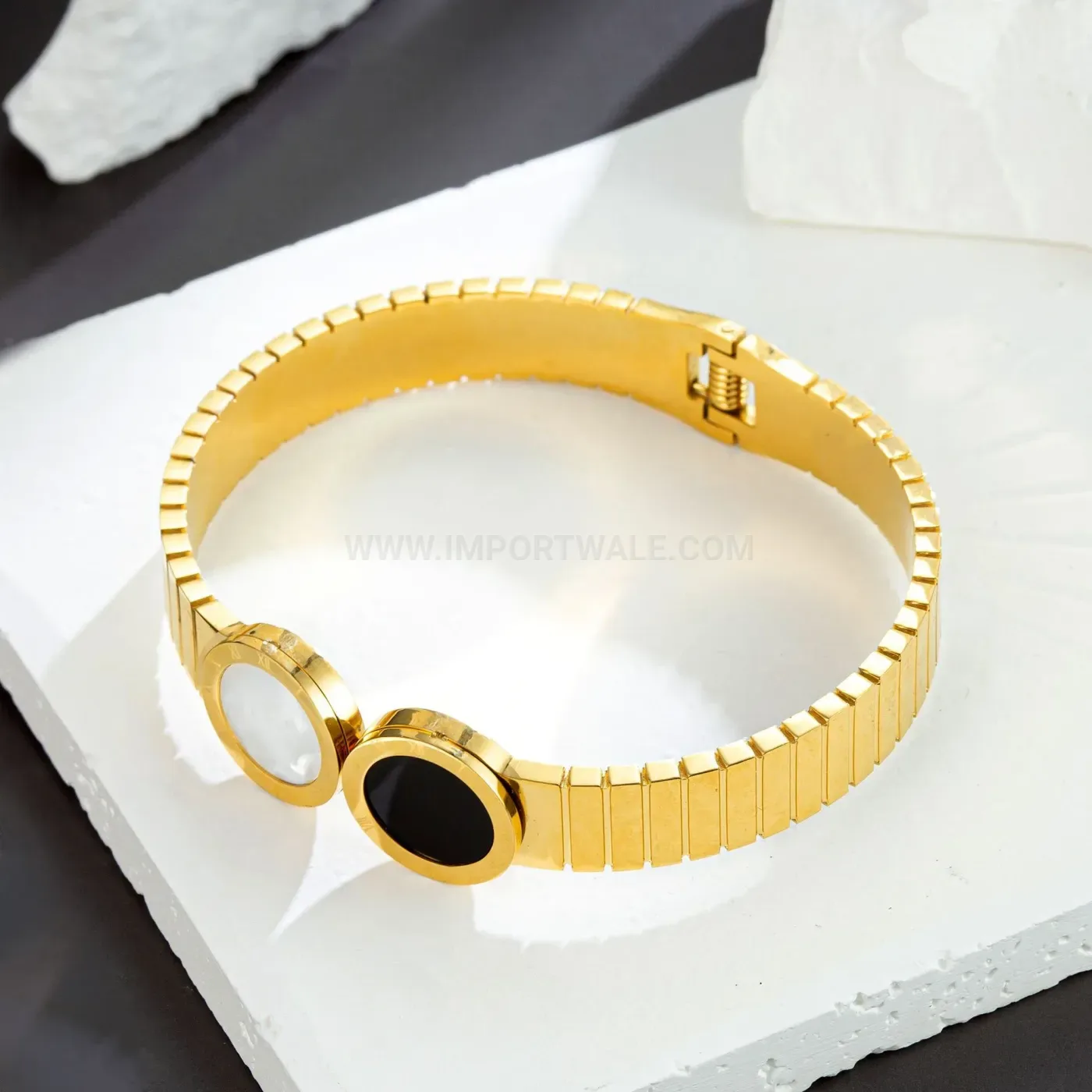 Modern Chunky Titanium Steel Spring Bangle with Black Round Medallion