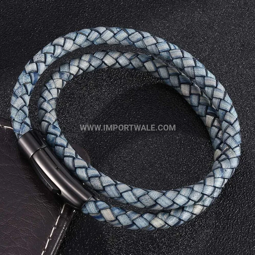 Double-Wrap Leather Wristband with Stainless Steel Clasp