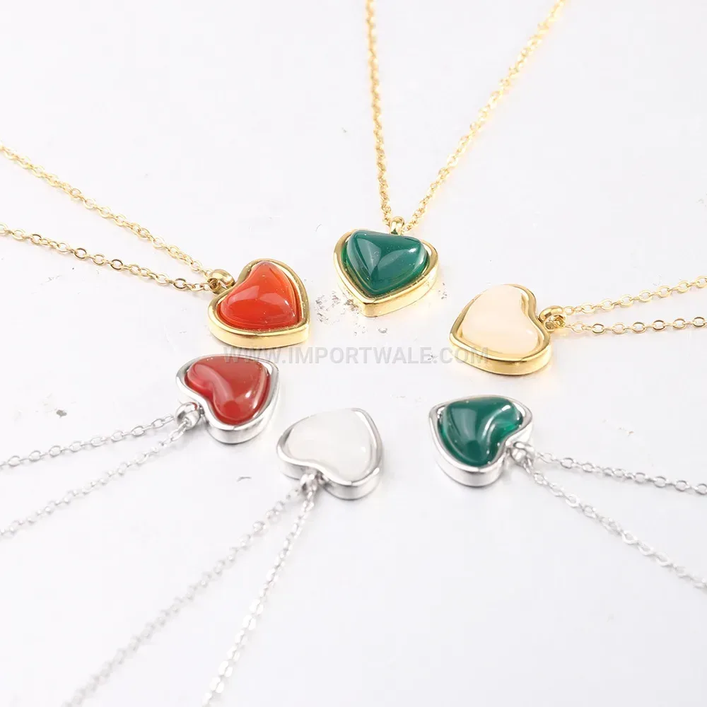 Stainless Steel Heart Agate Stone Pendant Necklace