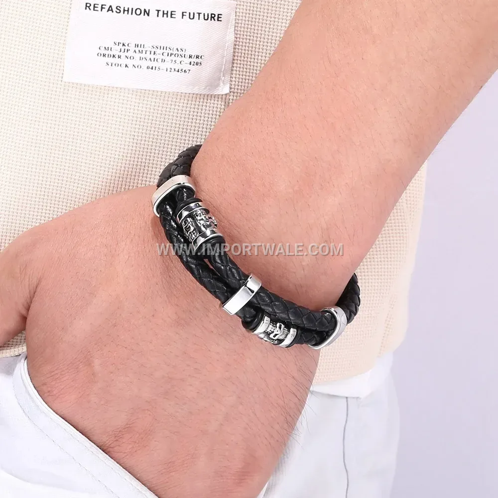 Dual Strand Leather Wrap Bracelet with Stainless Steel Magnetic Closure