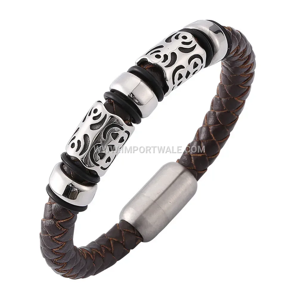 Vintage Braided Brown Leather Stainless Steel Accent Bracelet for Men