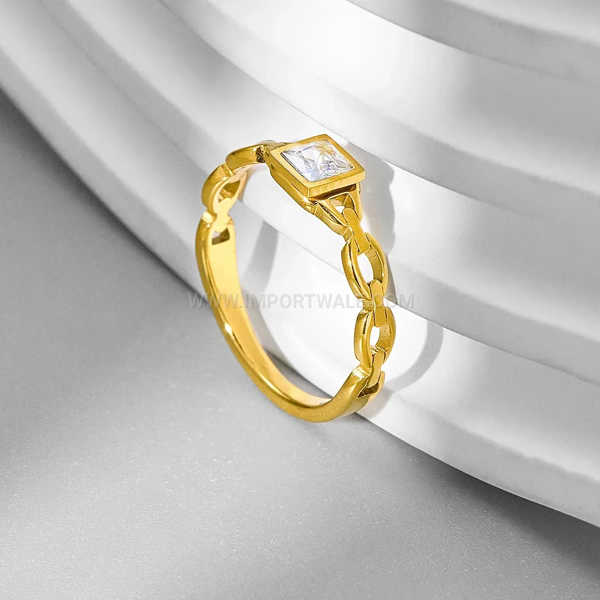 Square Crystal Stainless Steel Chain Link Statement Ring