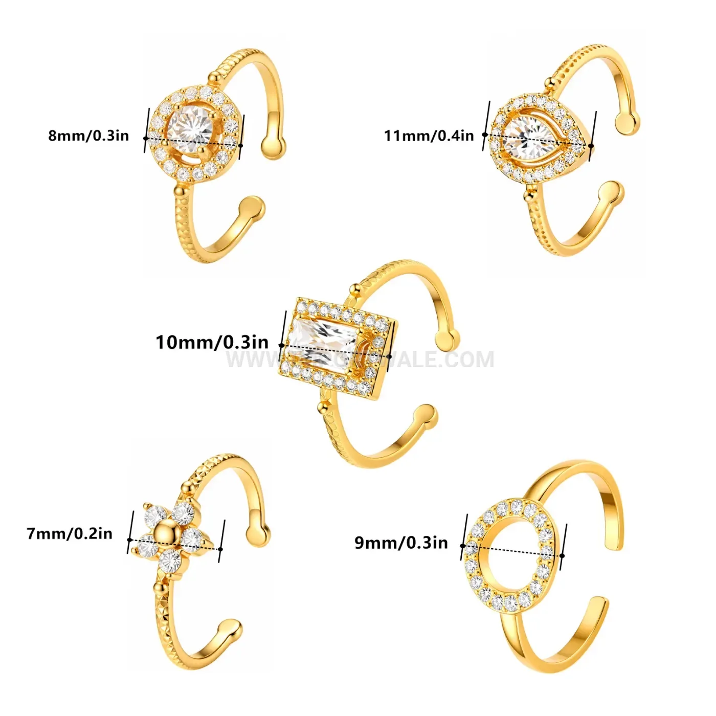 Gold Plated Stainless Steel Adjustable Cubic Zirconia Ring Set