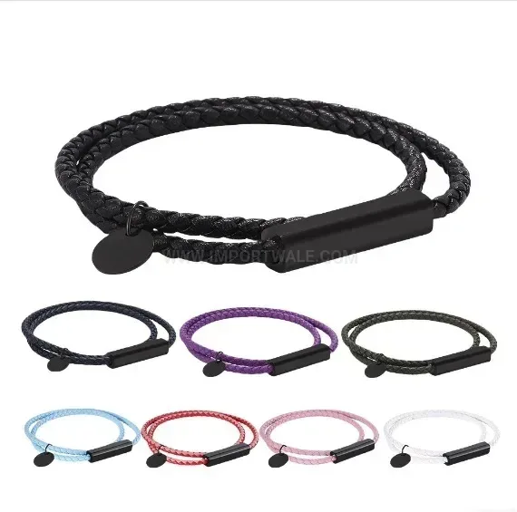 Double Strand Leather Stainless Steel Black Magnetic Wrap Bracelet
