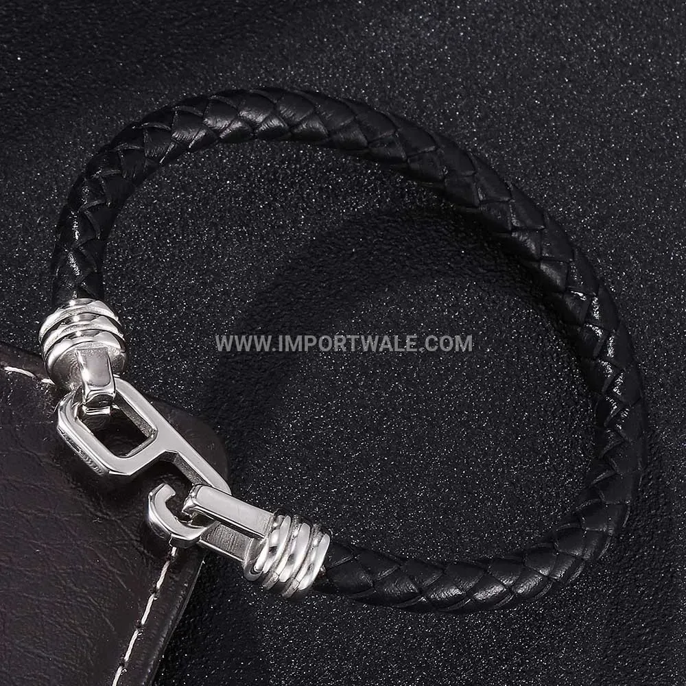 Men's Single Strand Leather Stainless Steel Snap Buckle Bracelet