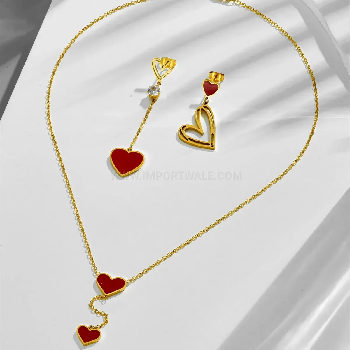 Modern Gold Tone Titanium Steel Red Heart Zircon Necklace