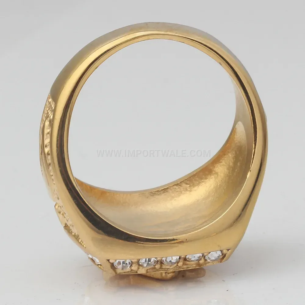 Designer Gold-Plated Stainless Steel Square Emblem Ring with Crystals