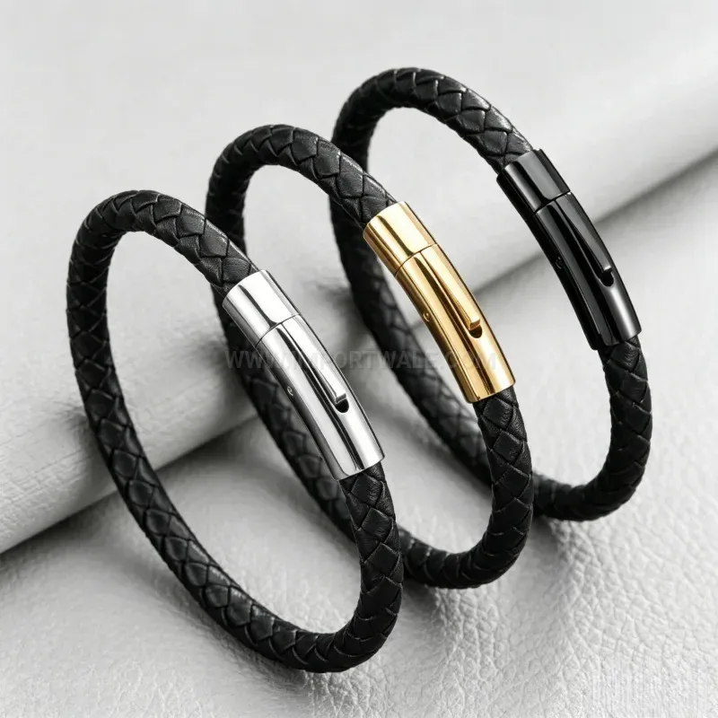 Modern Minimalist Titanium Steel Magnetic Clasp Woven Leather Bracelet