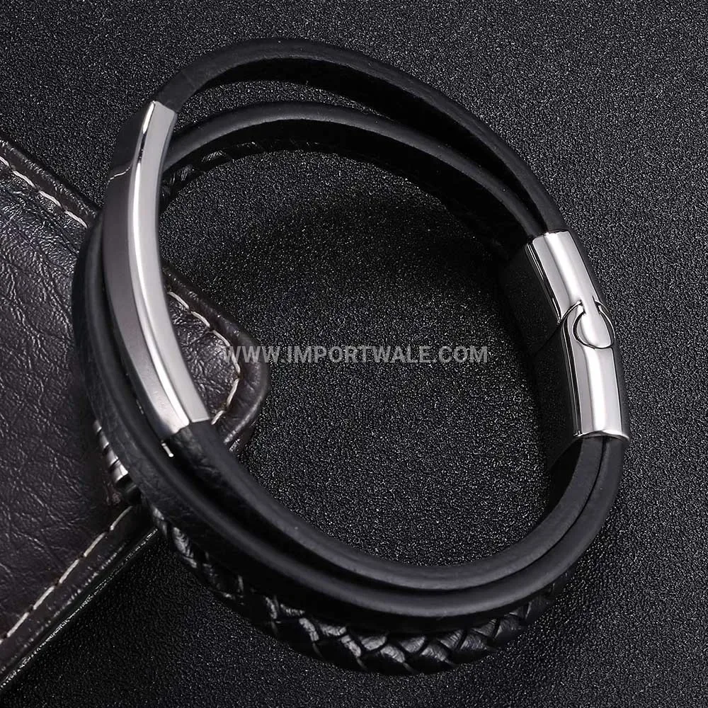 Braided Black Leather Stainless Steel Accent Men Bracelet
