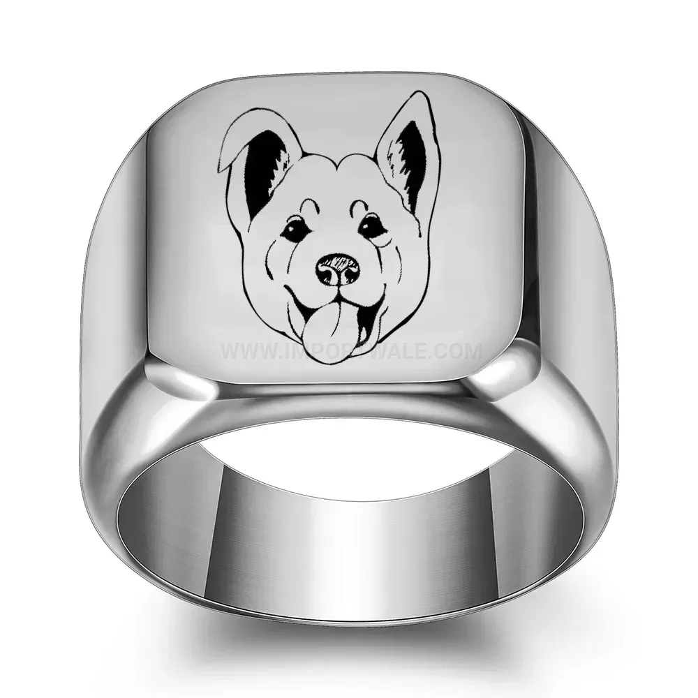 Designer Dog Motif Engraved Stainless Steel Minimalist Signet Ring