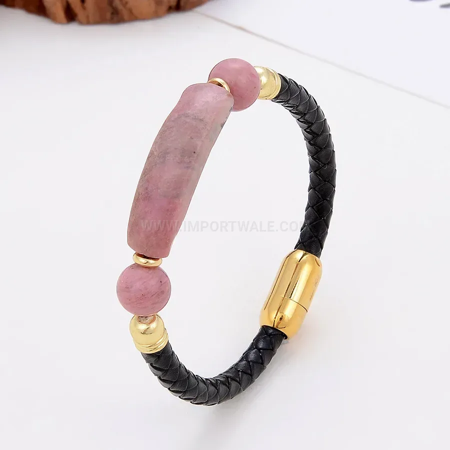 Woven Leather Stone Bracelet with Magnetic Stainless Clasp