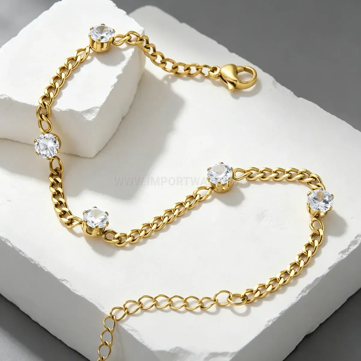 Classic Rhinestone Accent Stainless Steel Gold-Tone Chain Bracelet