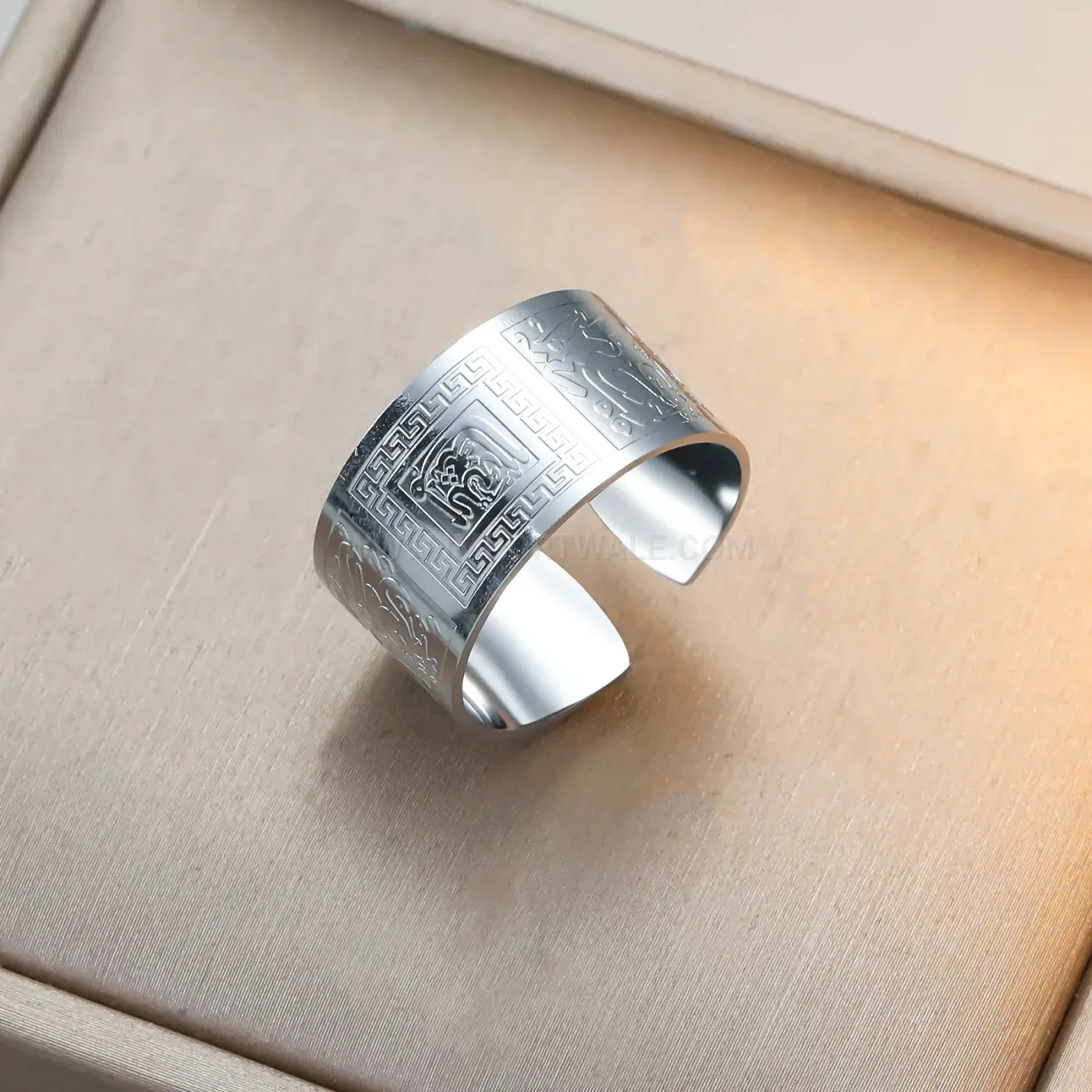 Modern Embossed Greek Key Meander Adjustable Stainless Steel Open Ring