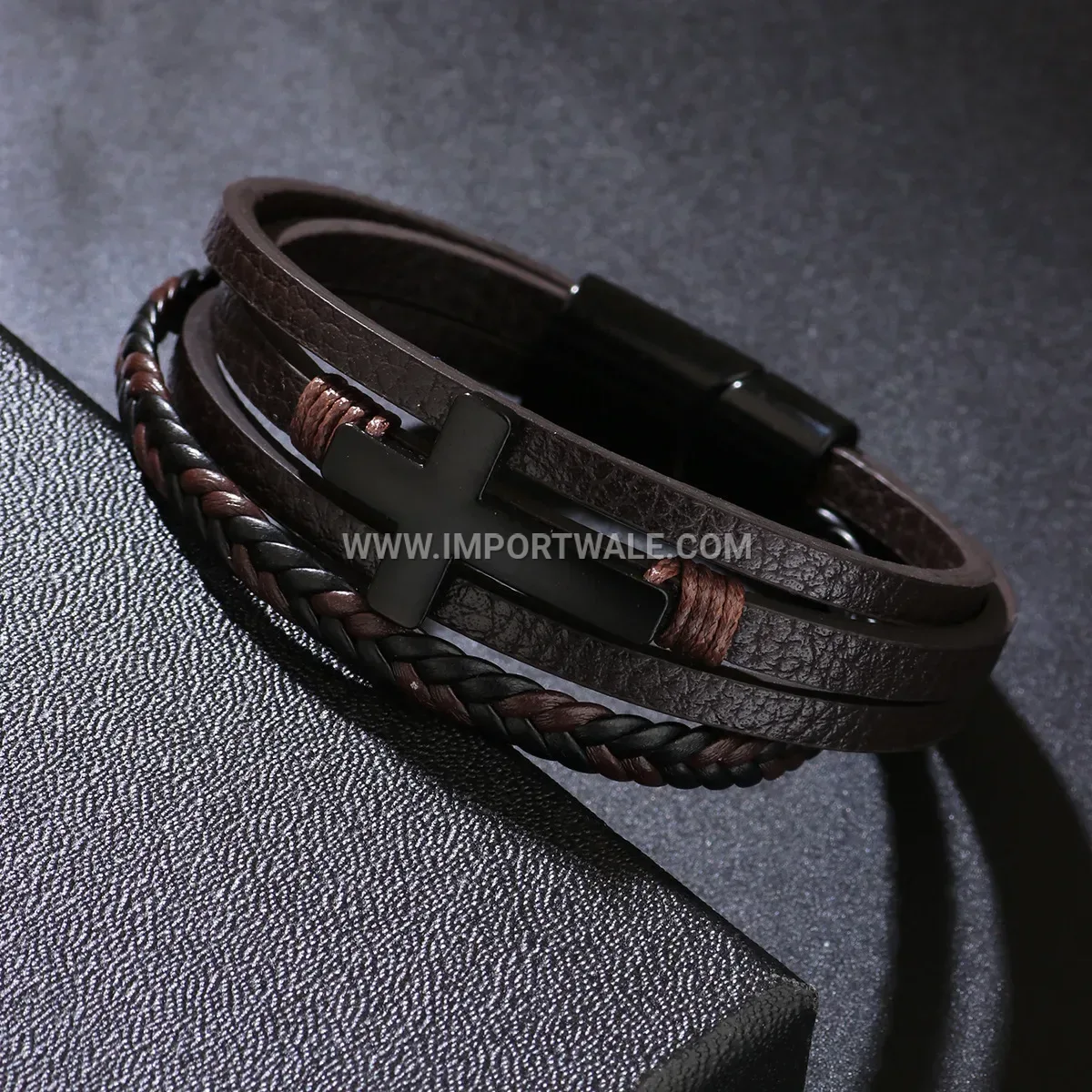Multi-Strand Woven Leather Cross Bracelet with Magnetic Clasp
