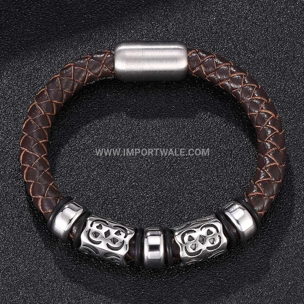 Vintage Braided Brown Leather Stainless Steel Accent Bracelet for Men