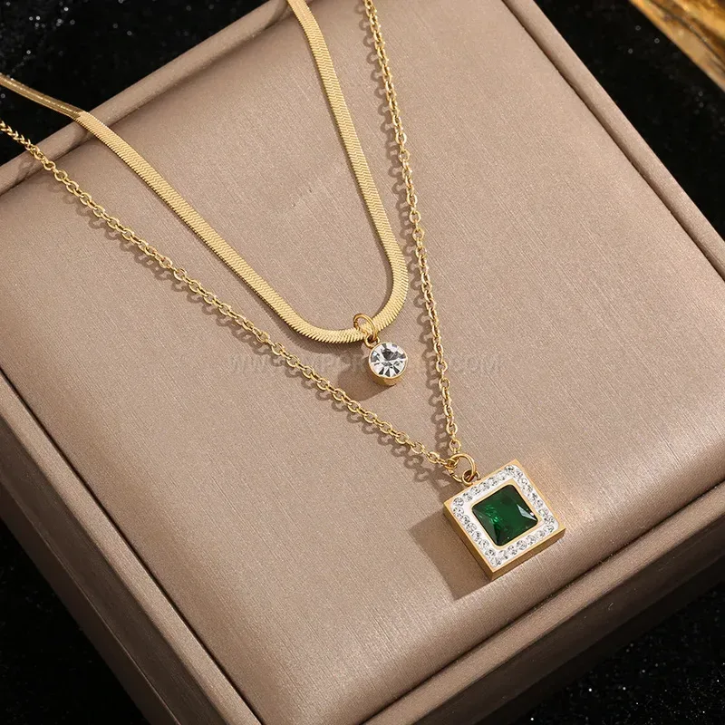 Layered Titanium Steel Green Stone Geometric Pendant Necklace